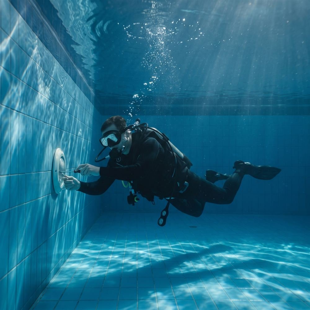 Diver repairing an underwater pool light while the pool stays full