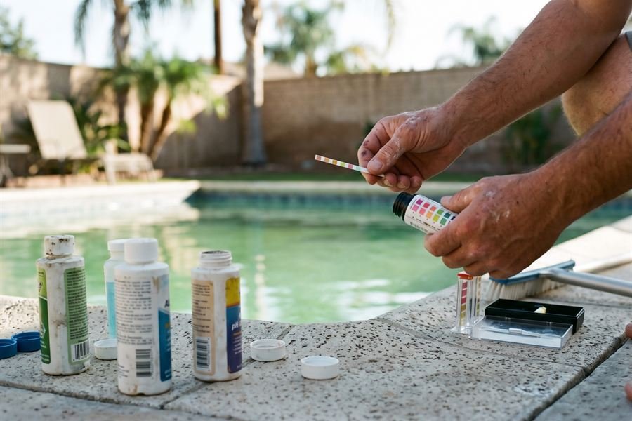 Hands holding a pool test strip next to chemical bottles beside cloudy green pool water