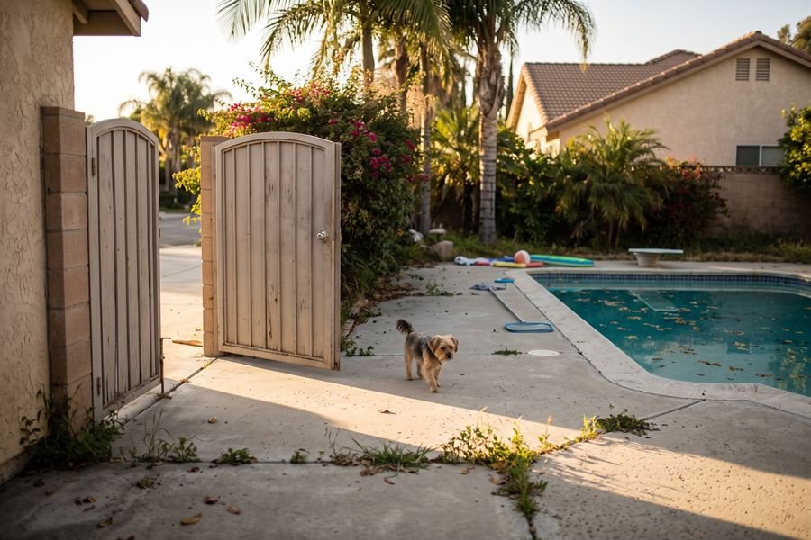 Backyard gate left open with a small dog walking toward a neglected pool