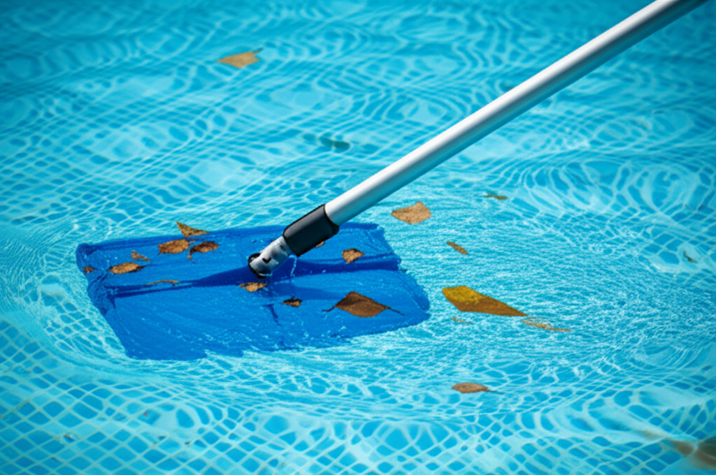 – Generate a high-quality, relevant image prompt for: Pool Skimming: Stunning & Easy Debris Removal