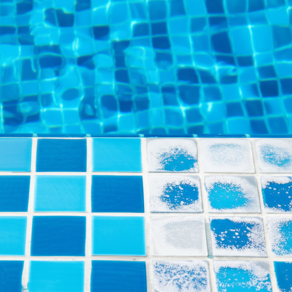 – Generate a high-quality, relevant image prompt for: Pool Tile: Effortless Calcium Scale Removal–