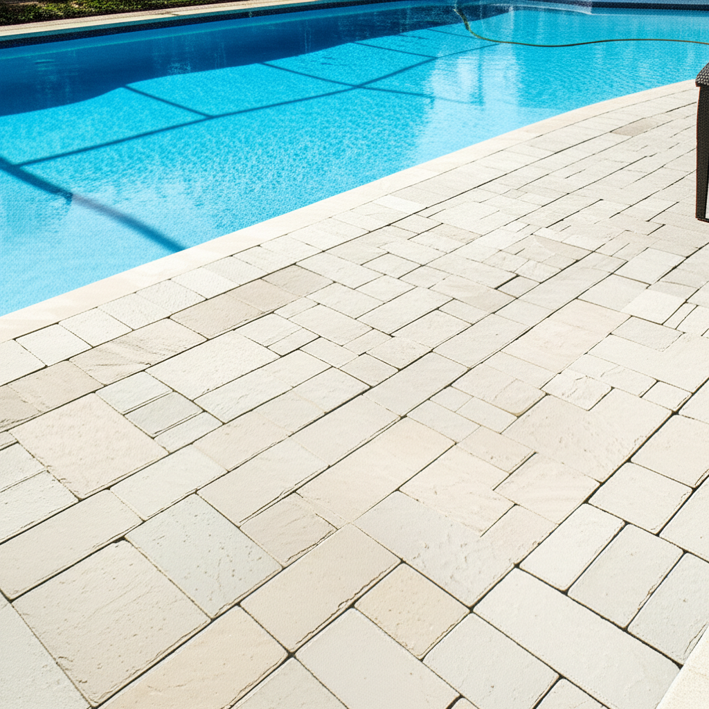 – Generate a high-quality, relevant image prompt for: Pool Deck: Flawless Paver Cleaning Made Easy