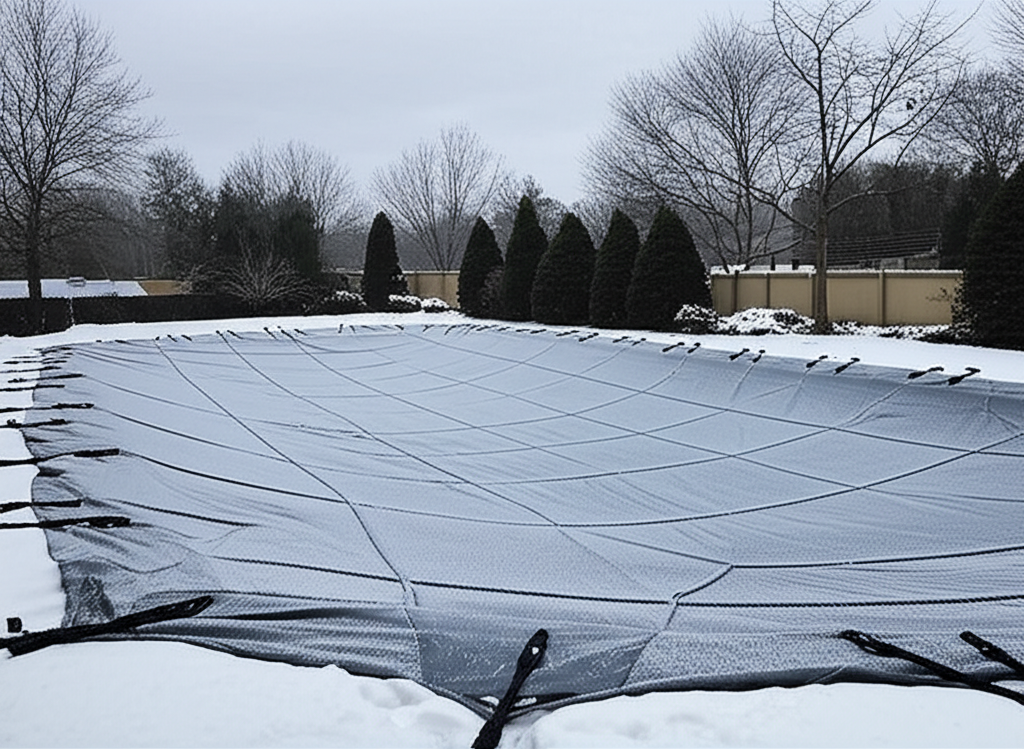 – Generate a high-quality, relevant image prompt for: Winter Pool Care: Effortless Off-Season Mainte