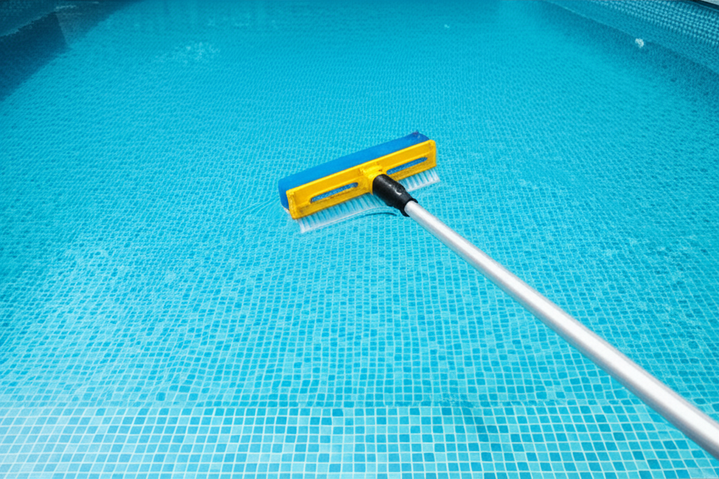 – Generate a high-quality, relevant image prompt for: Brushing Pool Walls: Effortless & Essential Gu