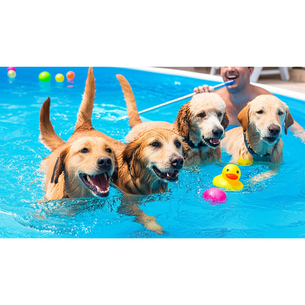 – Generate a high-quality, relevant image prompt for: Dogs in Pool: Ultimate Safe Cleaning Tips– d