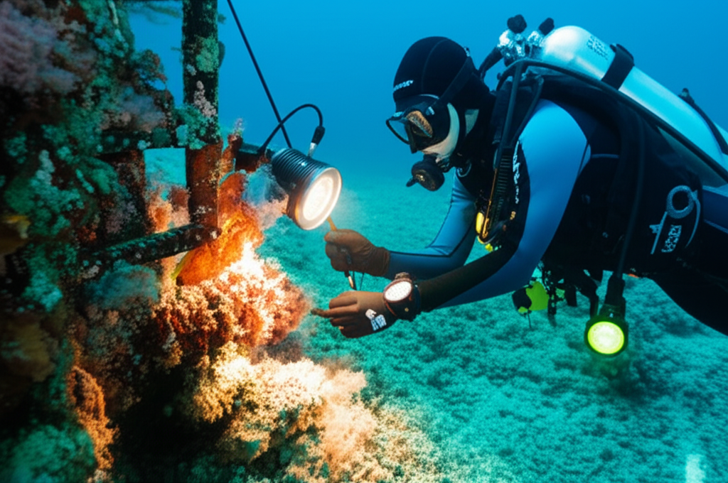 – Generate a high-quality, relevant image prompt for: Underwater Light Repair: Expert, Effortless Re