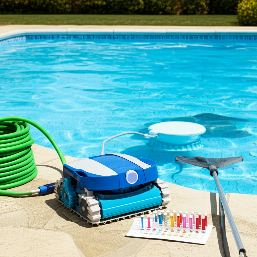 – Generate a high-quality, relevant image prompt for: Pool Care: Perfect Daily & Weekly Maintenance