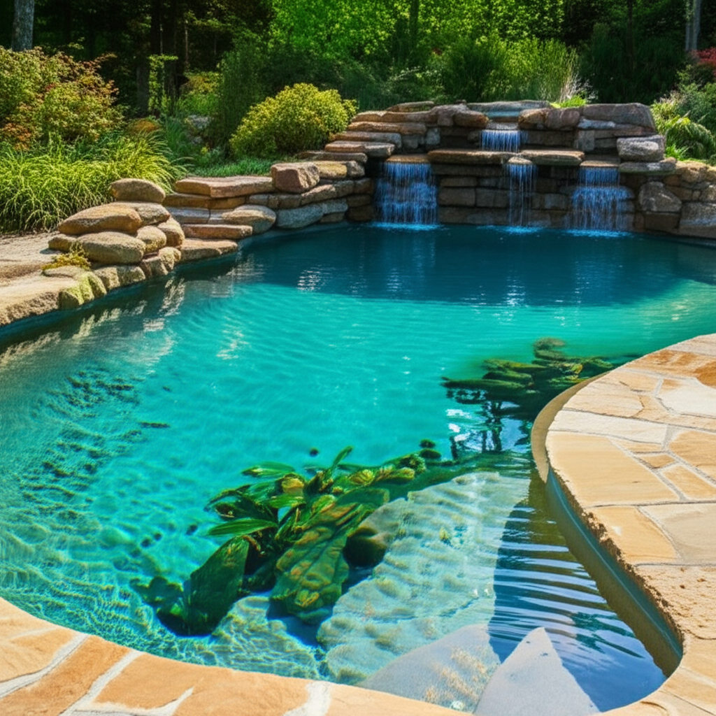 – Generate a high-quality, relevant image prompt for: Natural Pool: Effortless & Stunning Eco Care