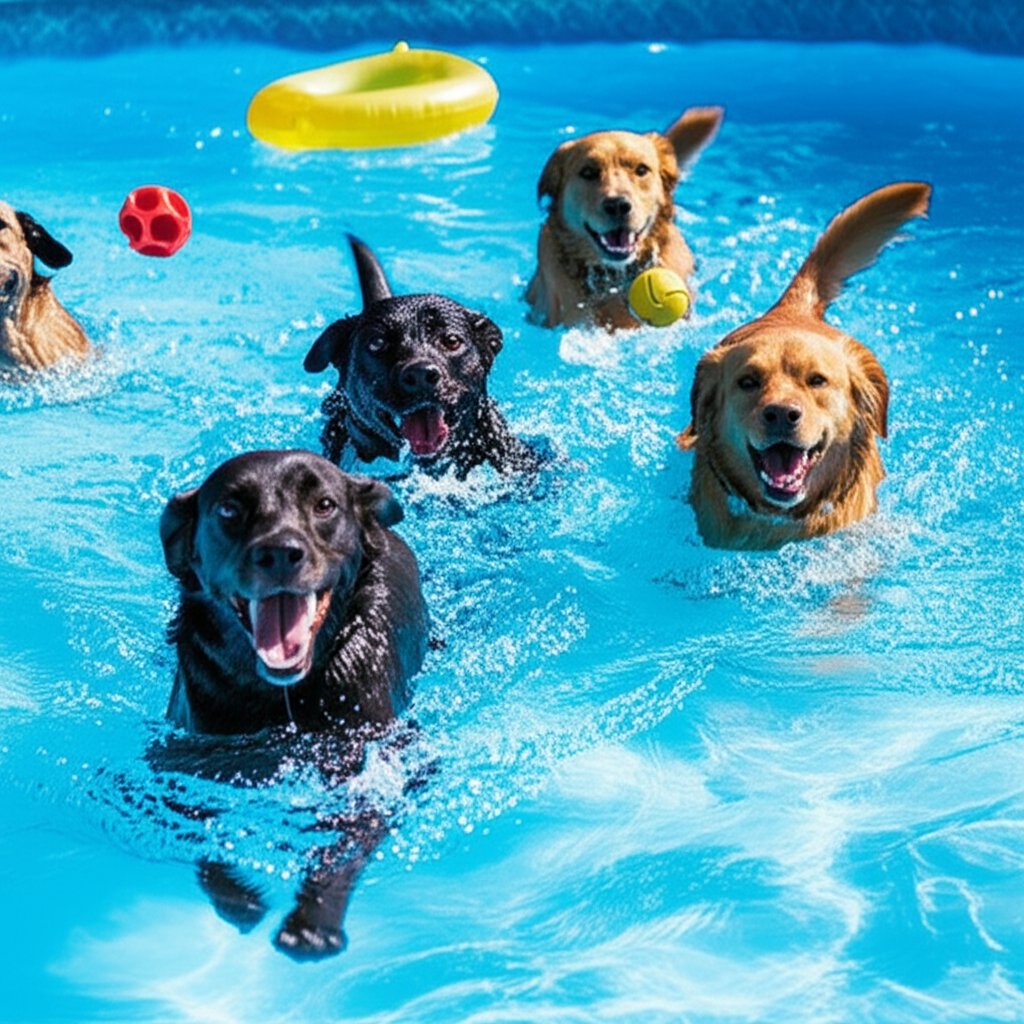 – Generate a high-quality, relevant image prompt for: Dogs in Pool: Ultimate Safe & Easy Maintenance