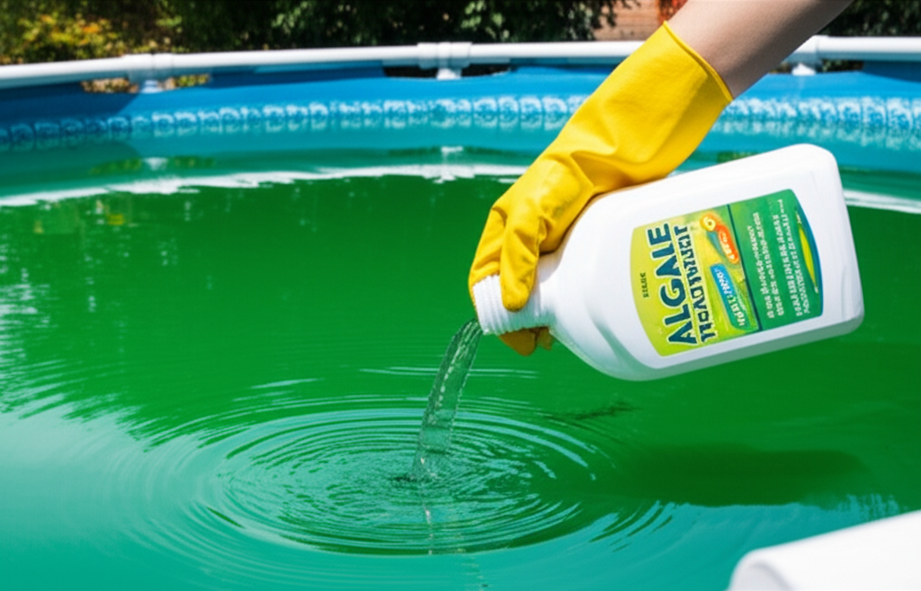 – Generate a high-quality, relevant image prompt for: Green Pool Rescue: Best Algae Treatment Tips