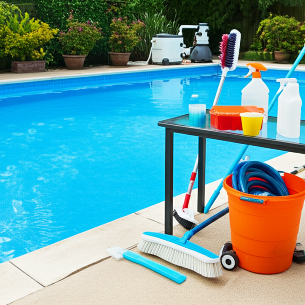 – Generate a high-quality, relevant image prompt for: Pool Care: Essential Tips for Crystal Clear Wa