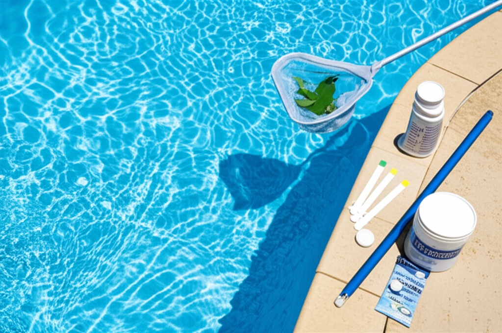 – Generate a high-quality, relevant image prompt for: Basic Pool Maintenance: Effortless Weekly Care