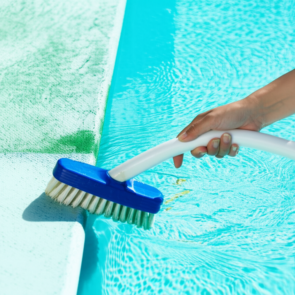 – Generate a high-quality, relevant image prompt for: Brushing Pool Walls: Effortless Algae-Free Spa