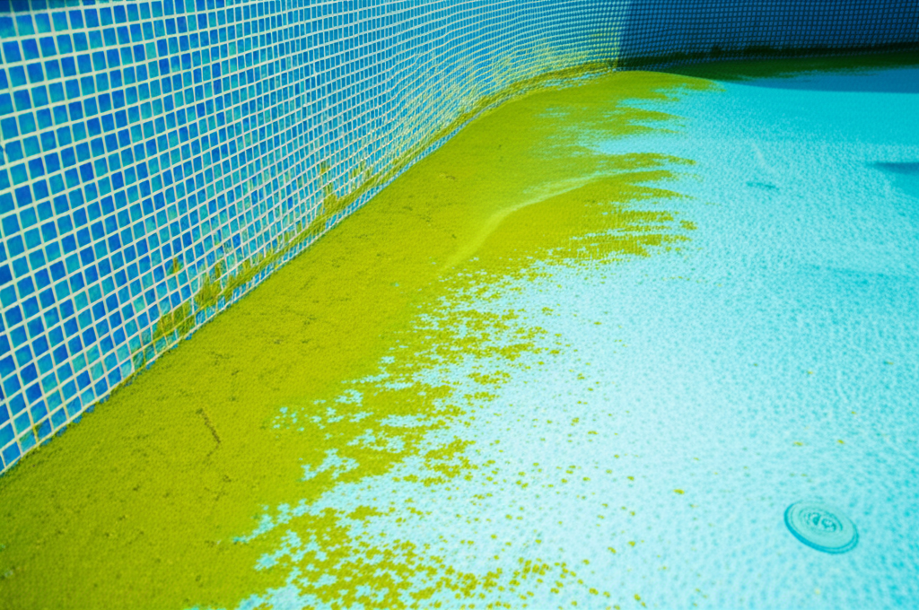 – Generate a high-quality, relevant image prompt for: Mustard Algae: Eliminate Yellow Pool Algae, Fa