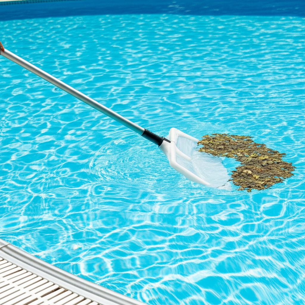 – Generate a high-quality, relevant image prompt for: Pool Skimming: Essential for Effortless Clean