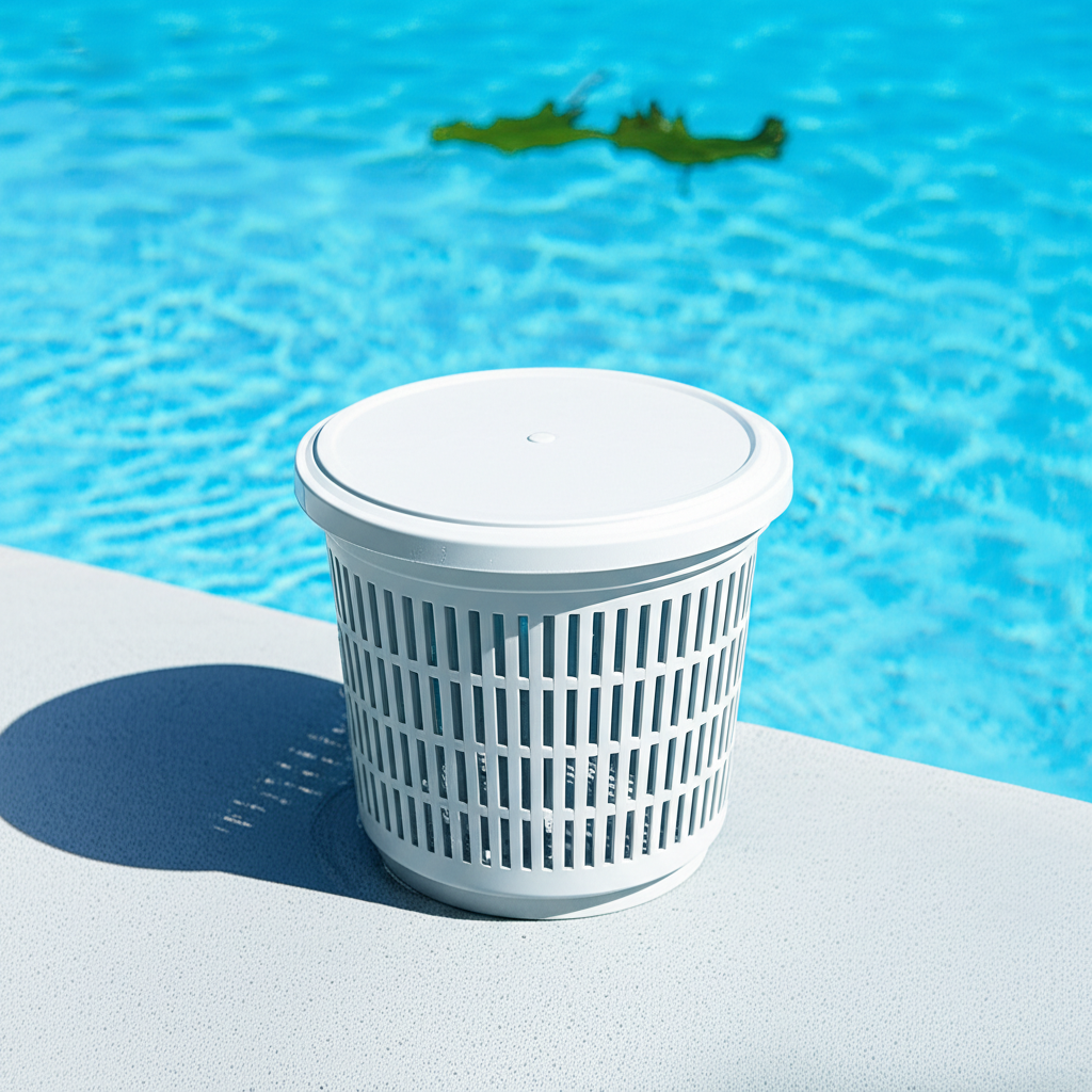 – Generate a high-quality, relevant image prompt for: Skimmer Basket: Essential & Effortless Pool Ca