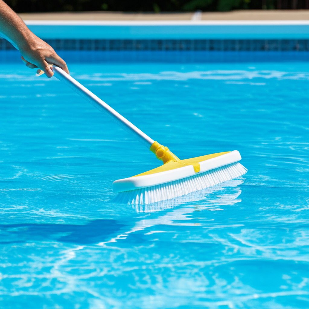 – Generate a high-quality, relevant image prompt for: Brushing Pool Walls: Effortless & Essential Al