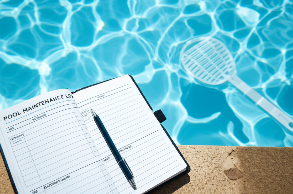 – Generate a high-quality, relevant image prompt for: Pool Maintenance Log: Achieve Sparkling Water