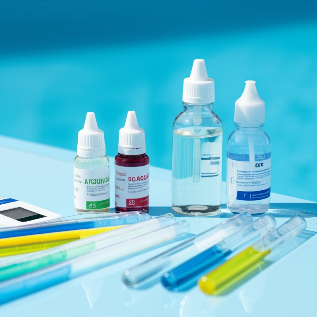 – Generate a high-quality, relevant image prompt for: Water Test Kits: Achieve Stunning Pool Water E