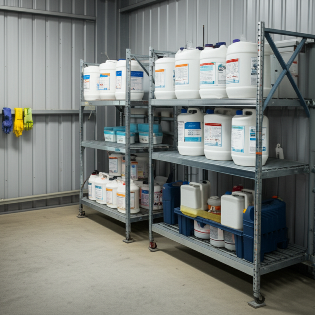 – Generate a high-quality, relevant image prompt for: Chemical Storage: Essential Pool Safety– do