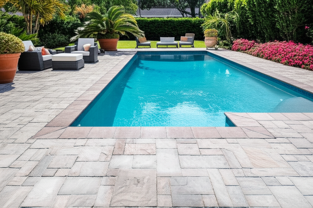 &ndash; Generate a high-quality, relevant image prompt for: Pool Deck: Best Stunning Pavers & Concrete&ndash;