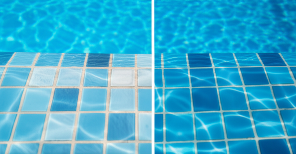 &ndash; Generate a high-quality, relevant image prompt for: Pool Tile Cleaning: Effortless Calcium Removal