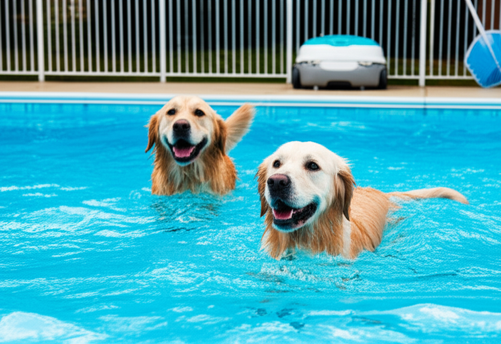 &ndash; Generate a high-quality, relevant image prompt for: Dogs in Pool: Ultimate Pet-Safe Maintenance&ndash;