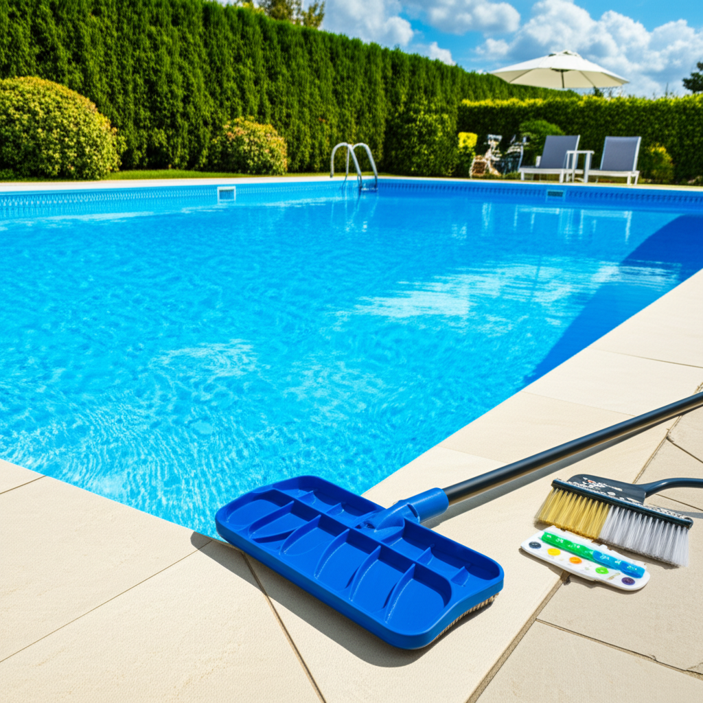 – Generate a high-quality, relevant image prompt for: Pool Care: Simple & Stunning Maintenance Tips