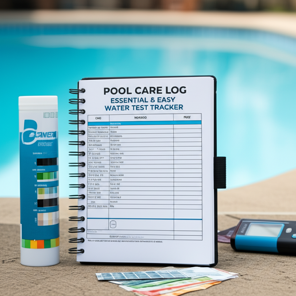 – Generate a high-quality, relevant image prompt for: Pool Care Log: Essential & Easy Water Test Tra