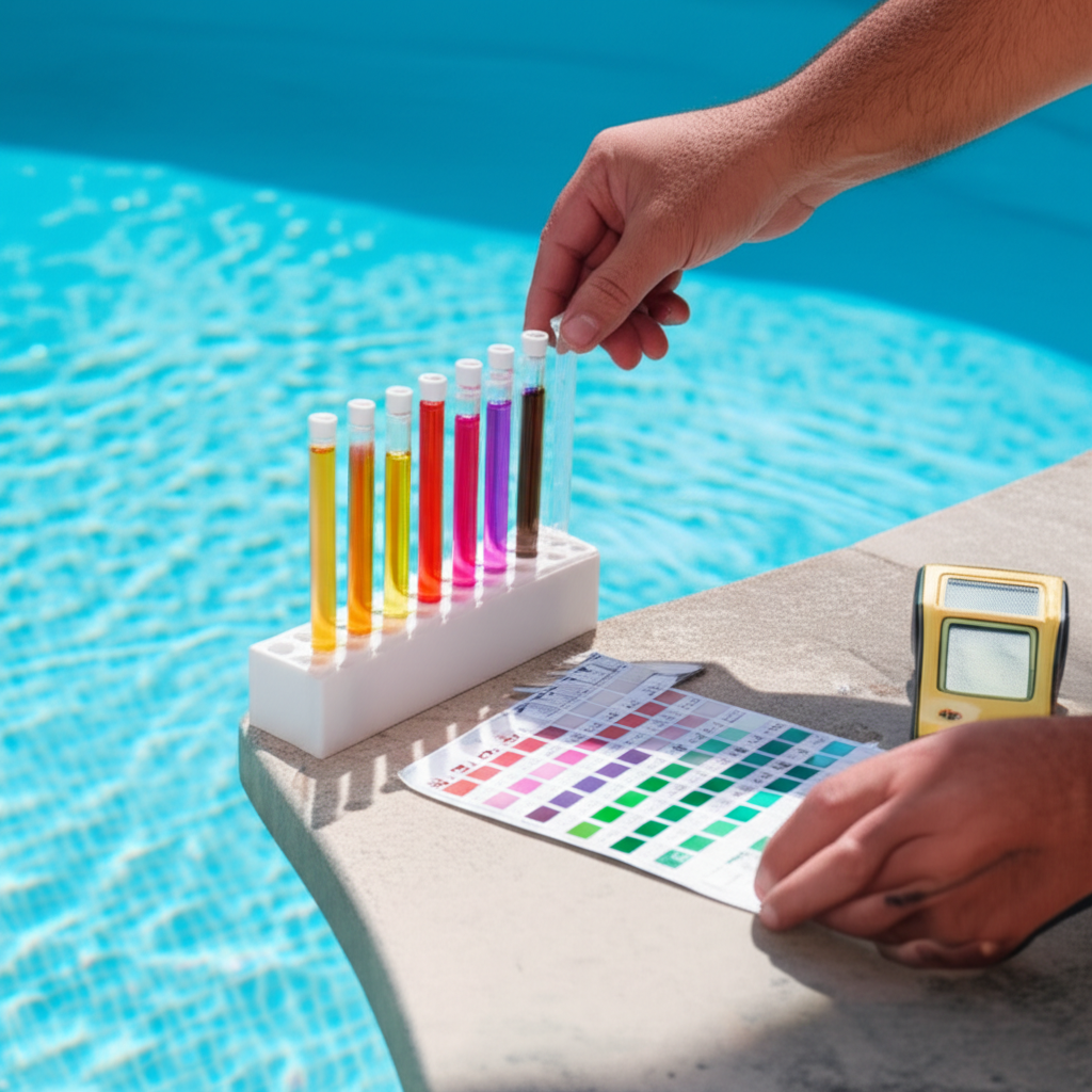 – Generate a high-quality, relevant image prompt for: Pool Water Testing: Essential for Pristine Wat