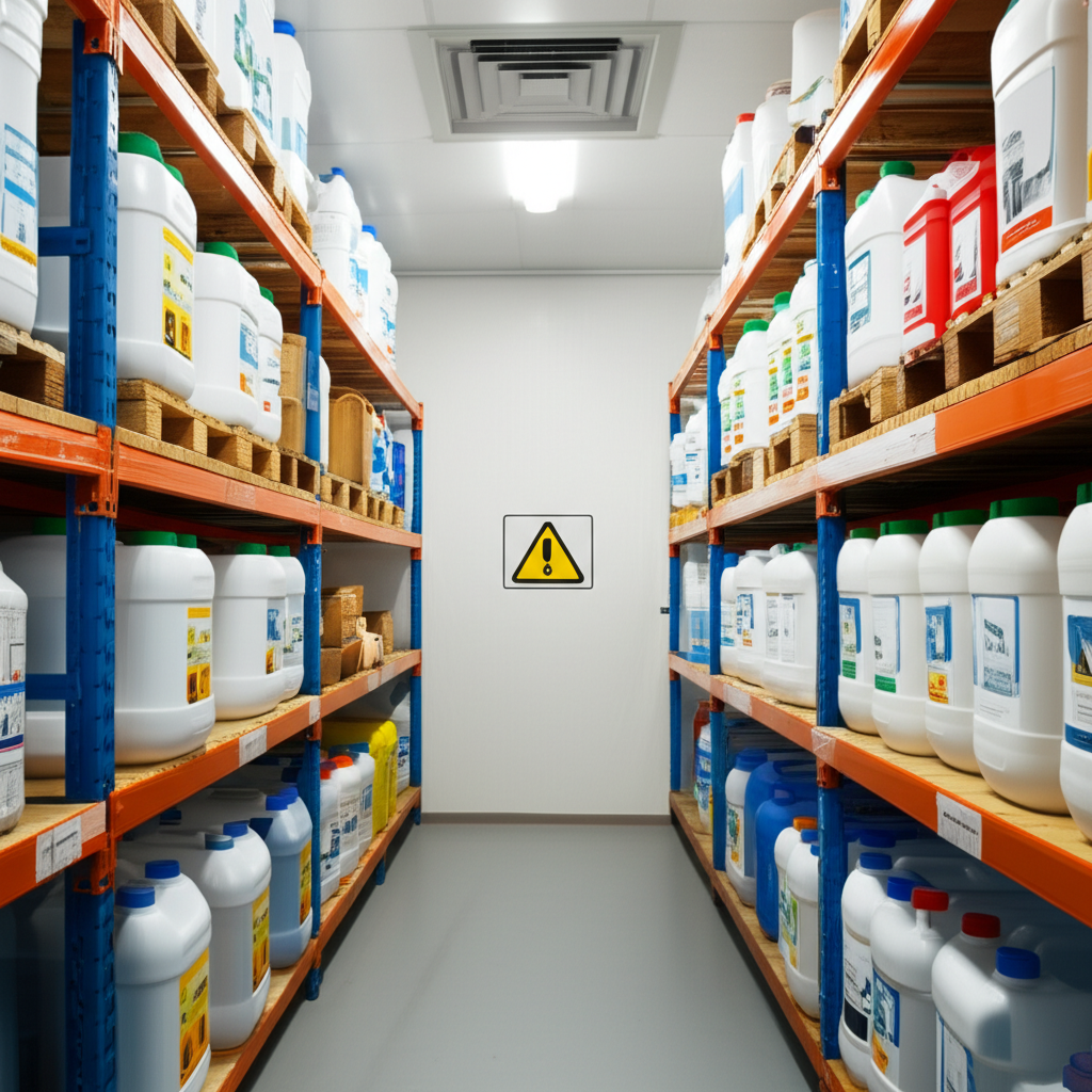 – Generate a high-quality, relevant image prompt for: Chemical Storage: Ultimate Pool Safety Guide