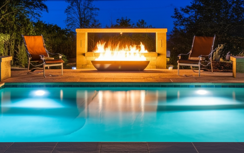 &ndash; Generate a high-quality, relevant image prompt for: Fire Pit near Pool: Stunning Luxury Fire Featu