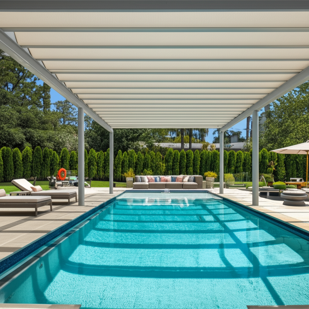 &ndash; Generate a high-quality, relevant image prompt for: Pool Shade: Stunning & Best Outdoor Structures