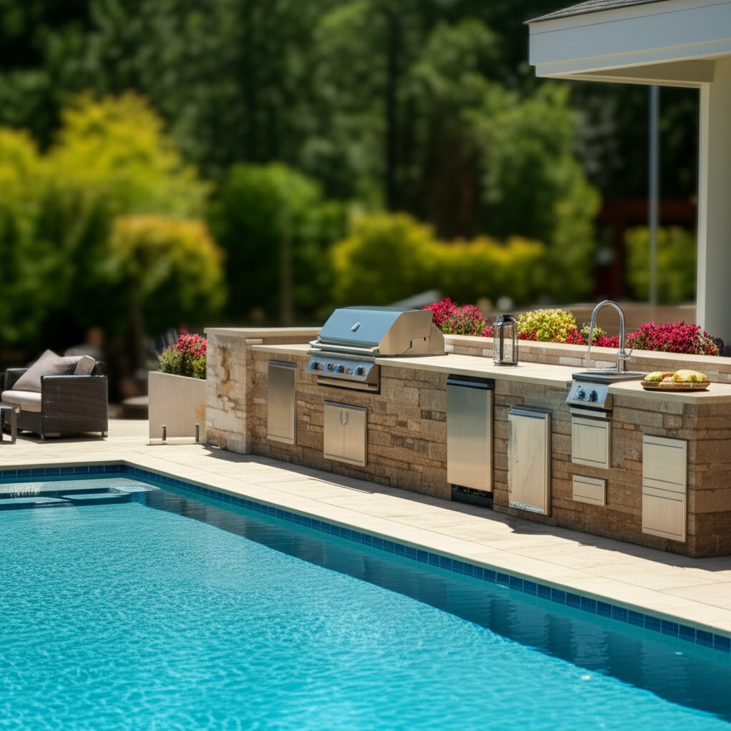 – Generate a high-quality, relevant image prompt for: Poolside Kitchens: Stunning Outdoor Living–