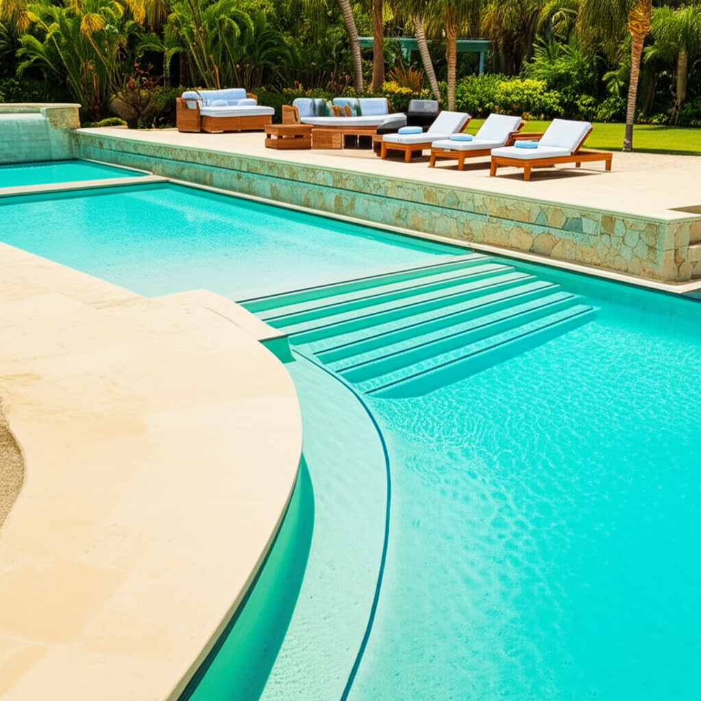 &ndash; Generate a high-quality, relevant image prompt for: Beach Entry Pools: Stunning & Effortless Desig