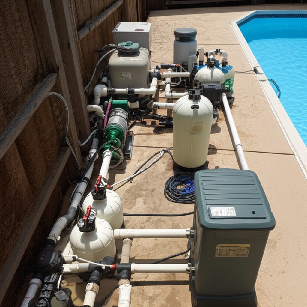 &ndash; Generate a high-quality, relevant image prompt for: Pool Equipment Pad: Genius Layout, Essential T