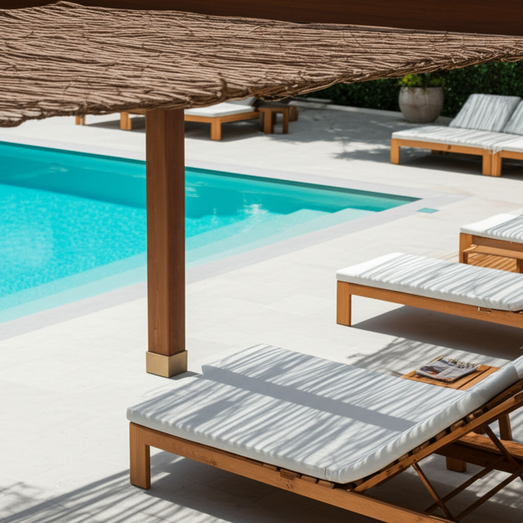 – Generate a high-quality, relevant image prompt for: Poolside Shade: Ultimate Comfort & Cool– do