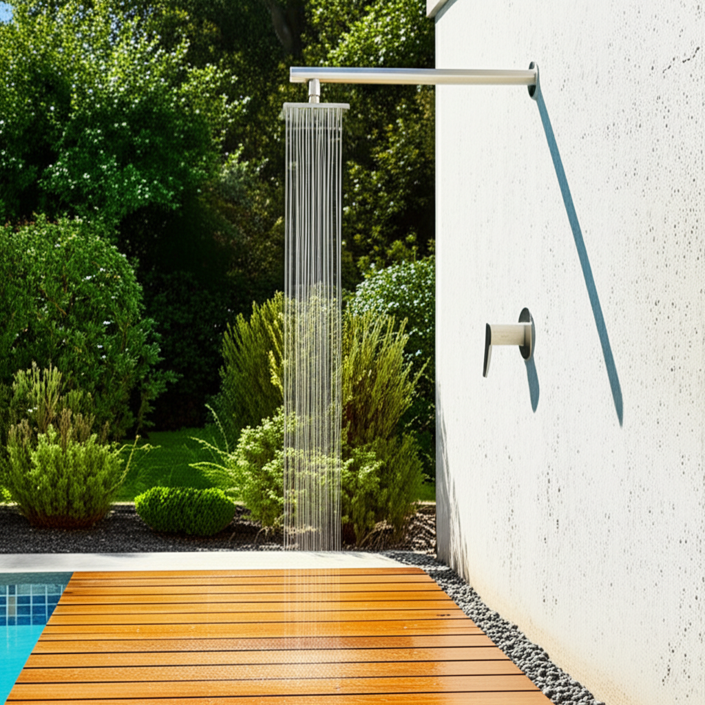 &ndash; Generate a high-quality, relevant image prompt for: Poolside Shower: Must-Have for Effortless Clea