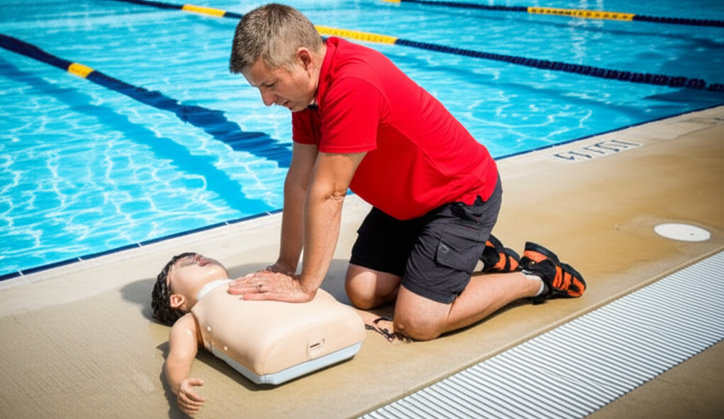 &ndash; Generate a high-quality, relevant image prompt for: CPR: Essential Poolside First Aid&ndash; do not pu