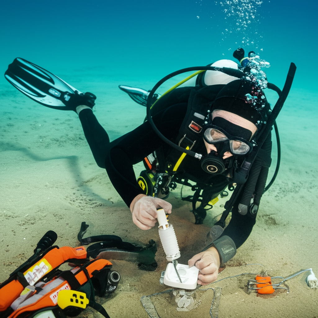 – Generate a high-quality, relevant image prompt for: Underwater Light Repair: Expert, Effortless Bu